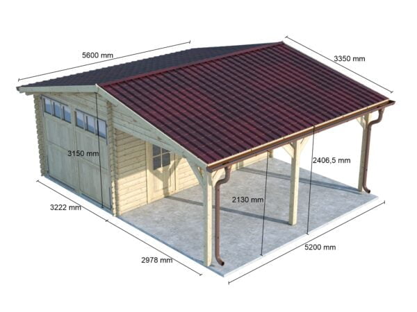 Garage in legno 3x5 (44mm) con tettoia laterale 3 metri