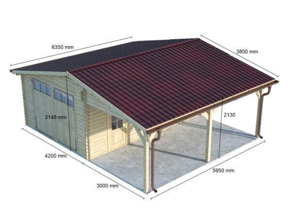Garage in legno 4×6 (44 mm) сon tettoia laterale 3 metri