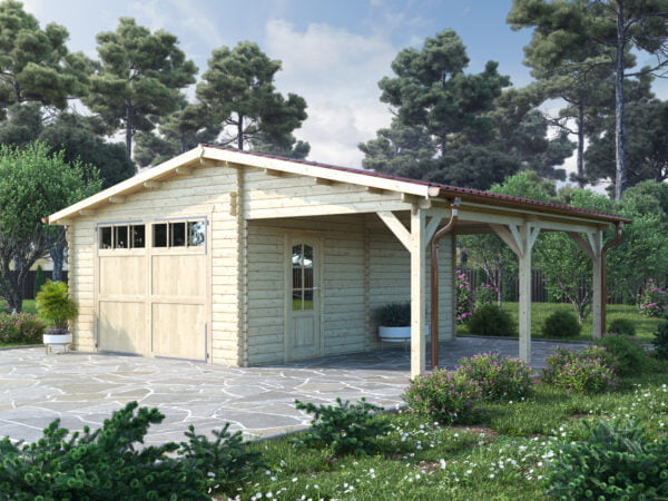 Garage in legno 4×6 (44 mm) сon tettoia laterale 3 metri