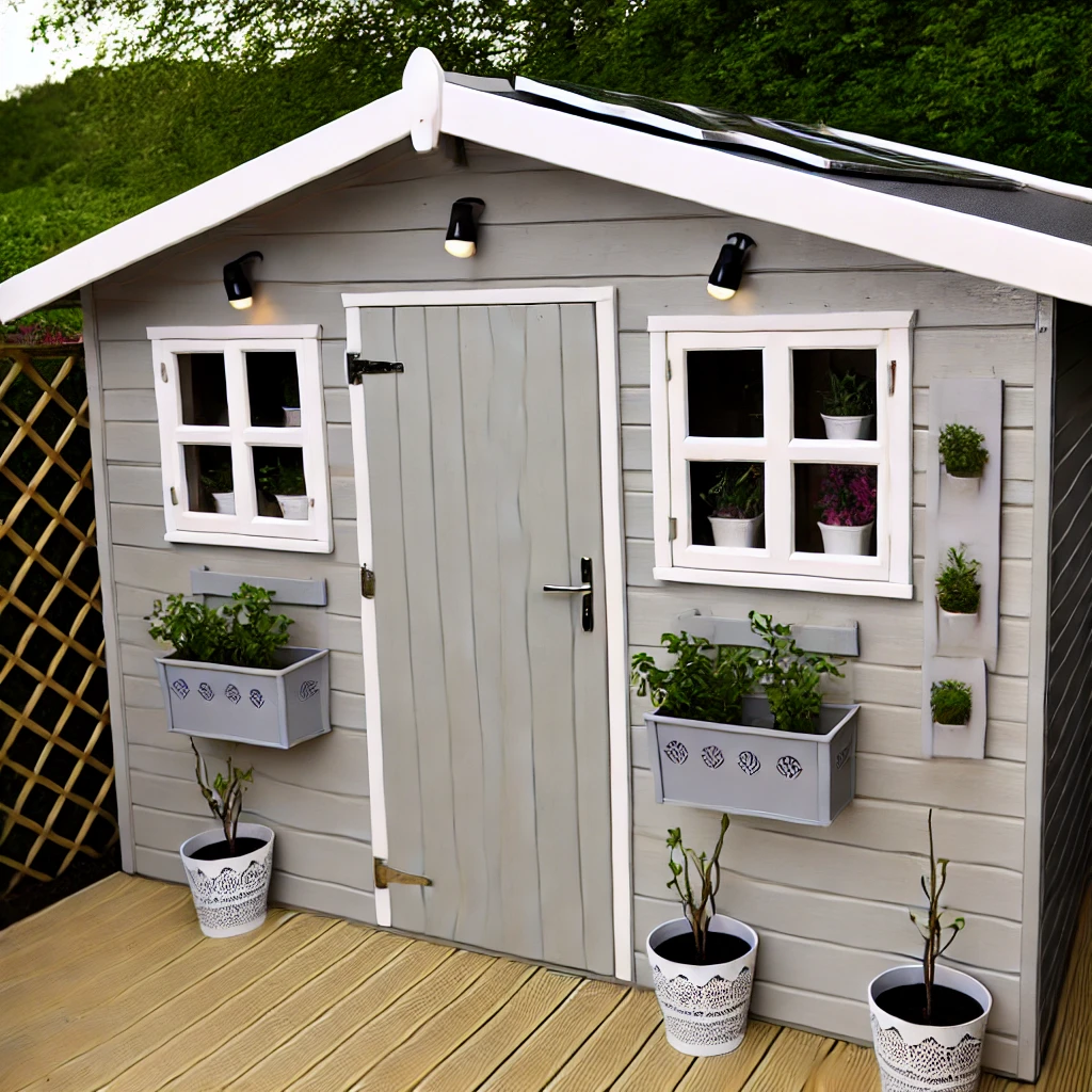 Una casetta in legno per riporre gli attrezzi, dipinta in grigio chiaro con finiture bianche alle finestre e alle porte. All'ingresso si trovano due vasi di fiori e alla parete si trovano scaffali decorativi con piccole piante. Lungo il tetto è stata installata una fila di lampade solari per l'illuminazione serale, che contribuisce all'atmosfera del giardino.