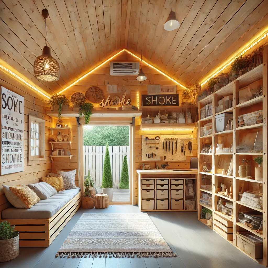 Una stanza in legno dal design accogliente, illuminata da luci calde. All'interno ci sono una panca imbottita, scaffali ben organizzati e un tavolo da lavoro. La porta aperta si affaccia su un giardino curato, creando un legame tra l'interno e l'esterno. L'atmosfera è serena e funzionale, ideale per il relax e il lavoro creativo.