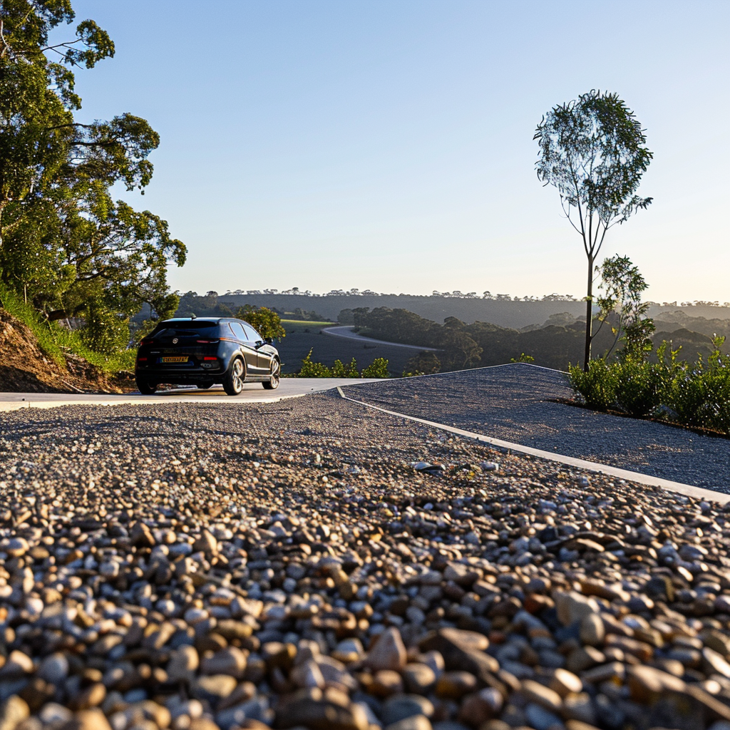 A car is parked on a flat area of land on a slope. In the foreground, a smooth, reinforced gravel surface is visible, providing stability on uneven terrain. The foliage on the ground alludes to the natural setting of the site