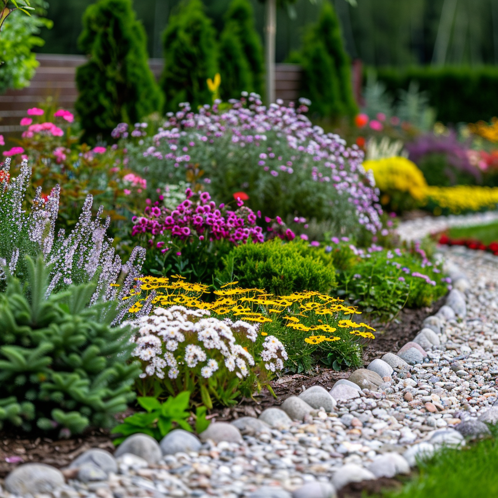 Giardino fiorito con una varietà di piante colorate, tra cui fiori gialli, bianchi e rosa, delimitato da un sentiero di pietre decorative.