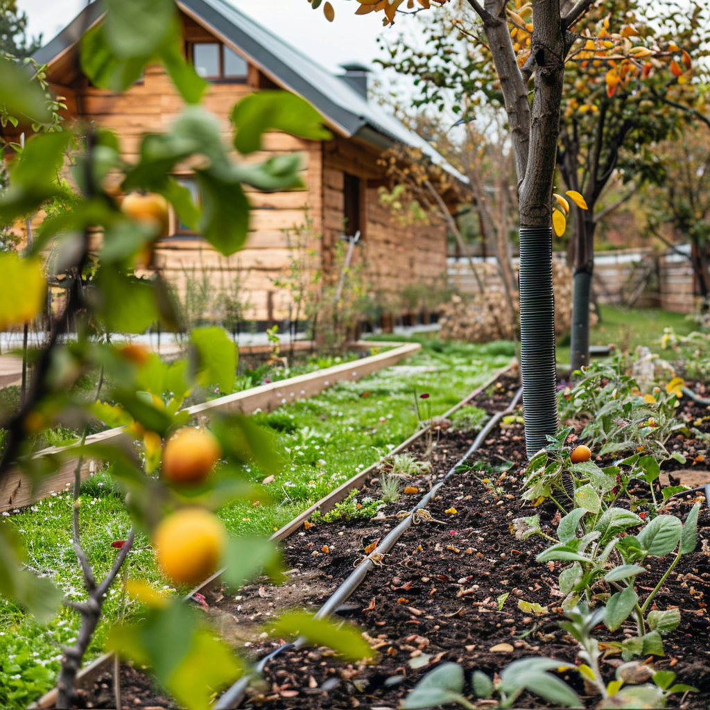 Un moderno impianto di irrigazione a goccia nel giardino adiacente alla vostra casa in legno.