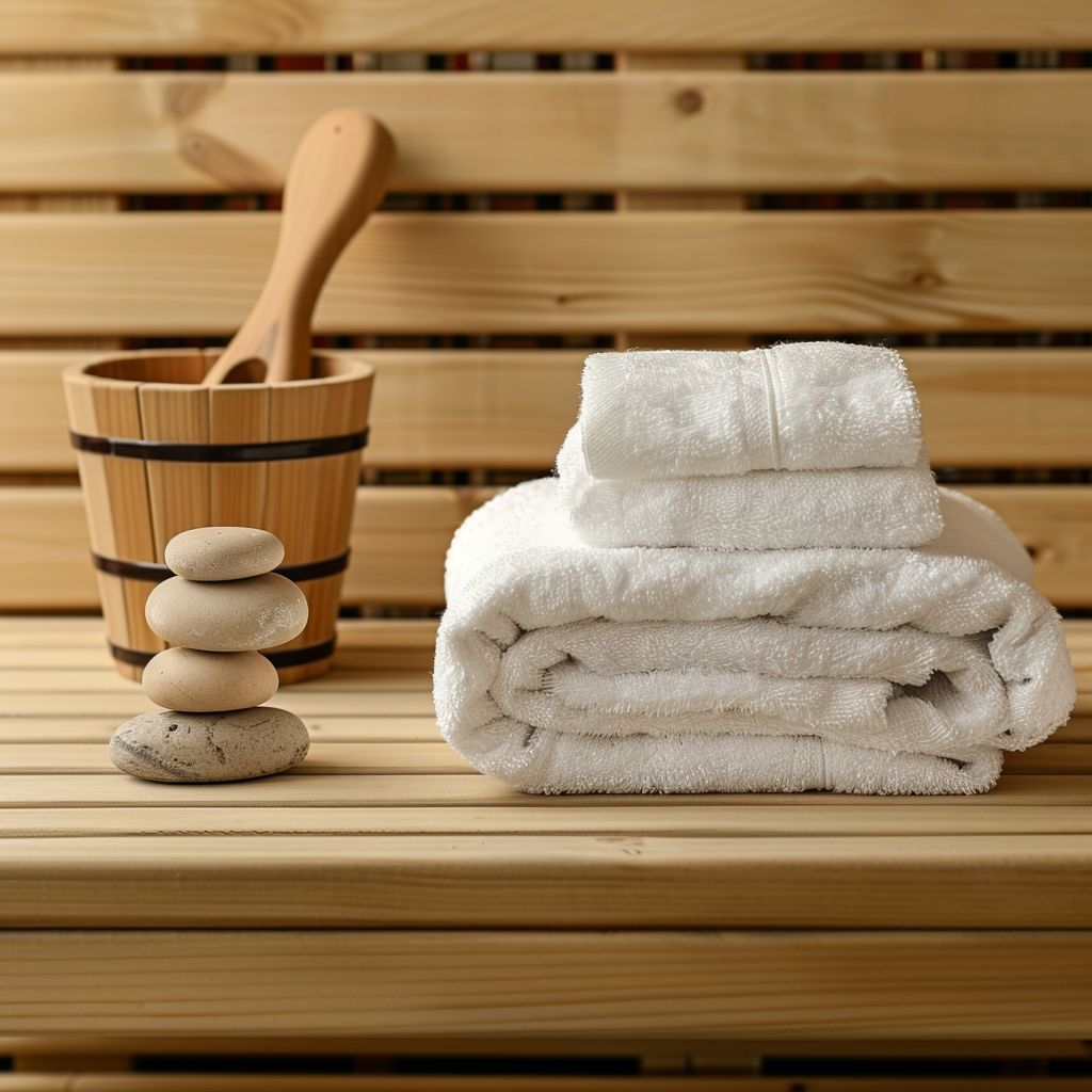 Su una panca di legno sono disposti un asciugamano bianco ben piegato, un secchio di legno con un mestolo e una piccola pila di pietre aromatiche per la sauna. I toni caldi del legno e la consistenza morbida dell'asciugamano.