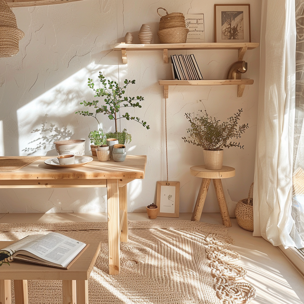 Interno di una stanza luminosa con mobili in legno chiaro, decorata in stile minimalista con piante e oggetti naturali.