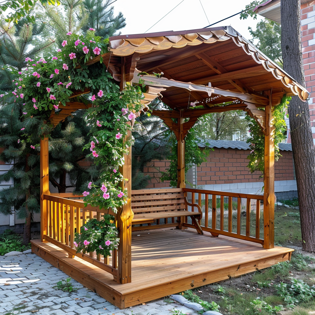 Un piccolo padiglione di legno per il riposo è decorato con piccoli fiori.