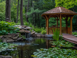 Un piccolo padiglione in legno vicino a un laghetto con acqua.