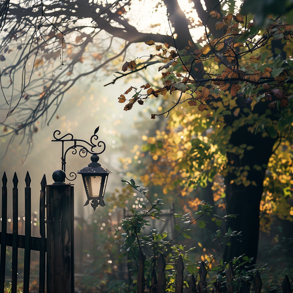 An autumnal photo with soft evening light penetrating through the branches of trees. A light fog emphasises the cool humidity of the air. In the foreground, a part of the fence made of well-maintained wood and a decorative lamp are visible.