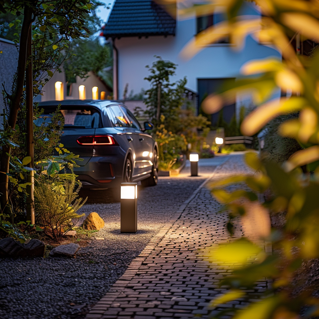 Una scena serale con un focus su un'auto parcheggiata in strada. Intorno ad essa è posizionata un'illuminazione decorativa: luci LED morbide e faretti illuminano lo spazio, creando un'atmosfera accogliente ed elegante. La luce è in armonia con la natura circostante e mette in risalto il verde. Le lampade a risparmio energetico e i sensori di movimento sono utilizzati per garantire la funzionalità e ridurre il consumo energetico.