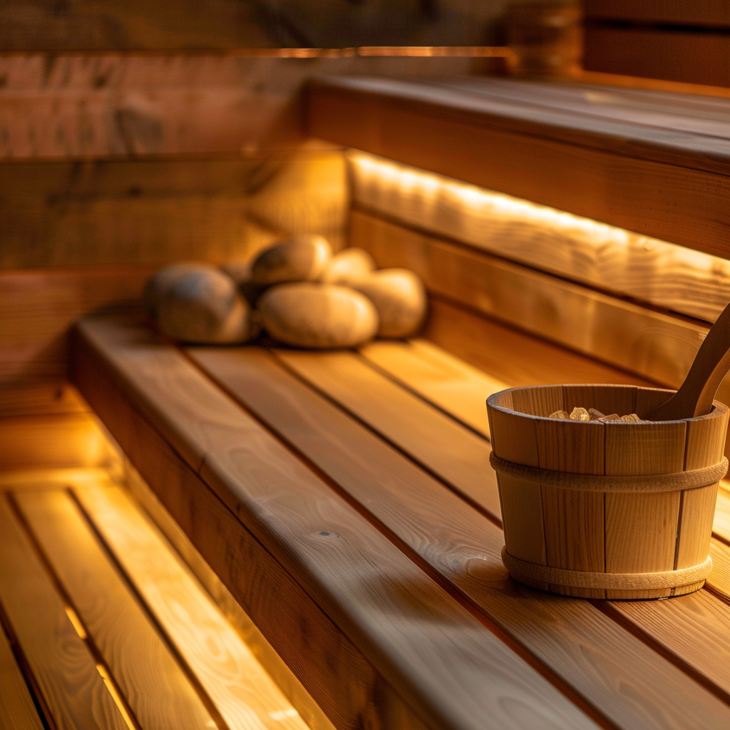 Interno di una sauna in legno, illuminata da luci calde e soffuse che evidenziano la ricchezza e la texture delle assi di legno. Sul banco in legno, si trovano alcune pietre lisce e un secchio di legno con un mestolo, elementi tipici per creare un'atmosfera rilassante e confortevole.