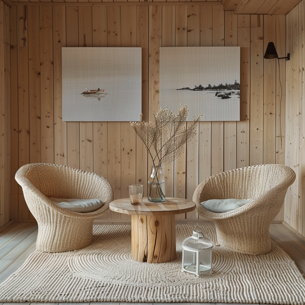 La camera della casa di legno è decorata in stile nautico.