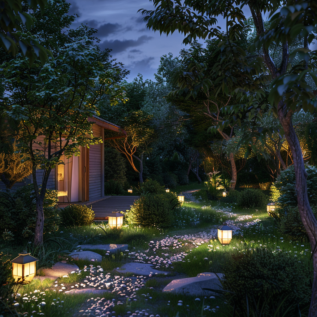Notte d'estate. Un giardino notturno con un piccolo bosco.