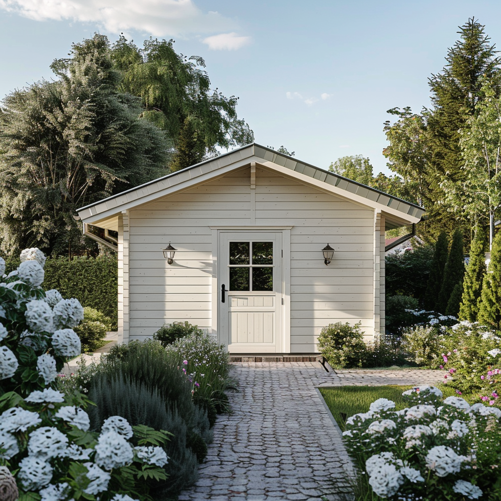 L'immagine mostra un paesaggio moderno vicino a una casetta bianca in legno classico: stretti sentieri di grandi pietre rettangolari conducono all'ingresso, accanto al quale sono piantati arbusti sempreverdi in forme geometriche. Lungo i sentieri si trovano aiuole rialzate dal design minimalista, dove sono piantate piante dalle linee chiare e dal fogliame strutturato. Lanterne decorative in metallo nero illuminano lo spazio, sottolineando le linee e le forme pulite del paesaggio.
