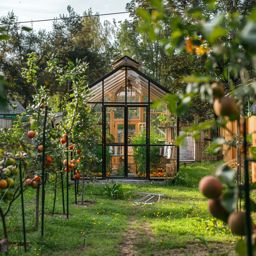 La piccola serra in vetro si trova nel giardino.