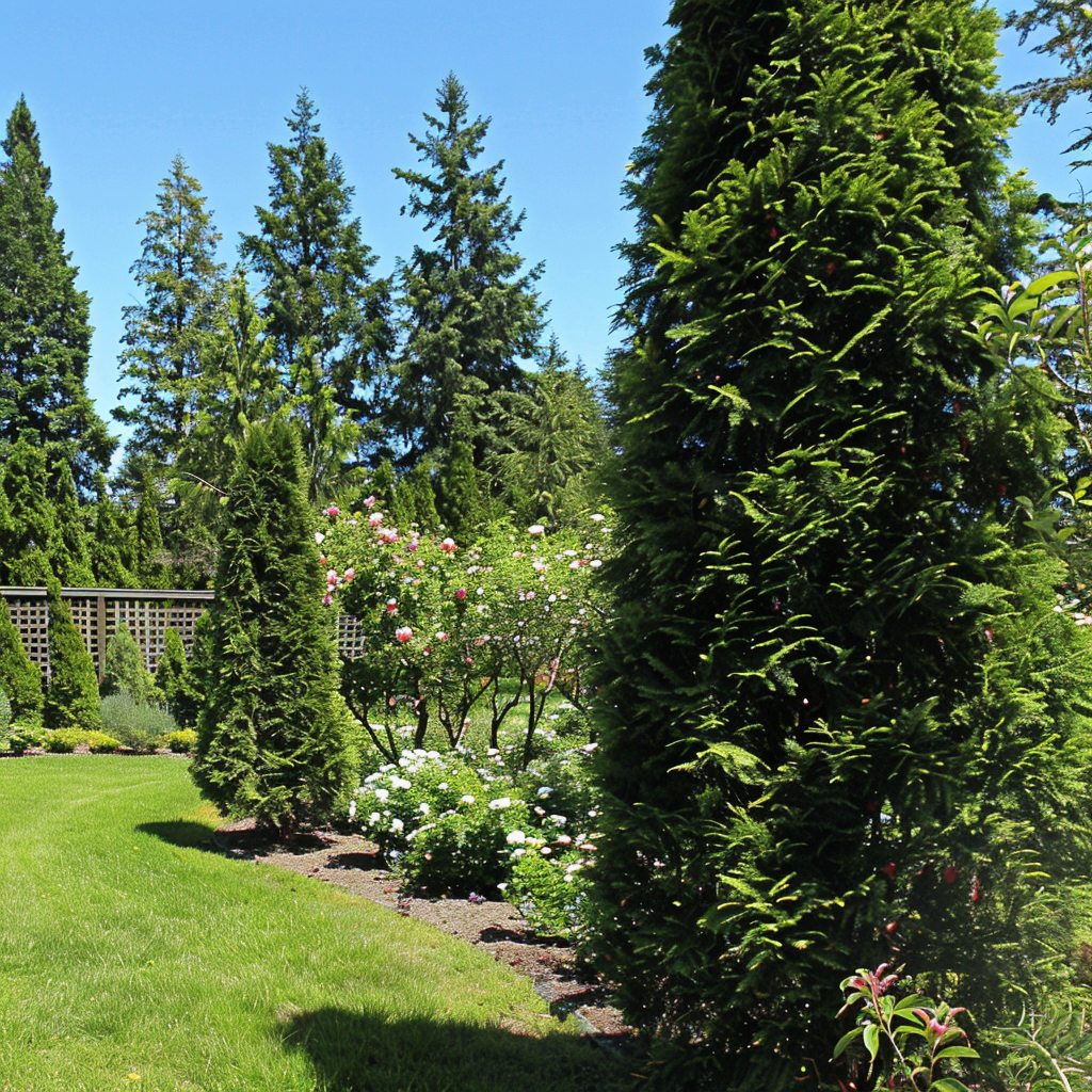 Giardino verdeggiante con alberi sempreverdi e cespugli di rose in fiore, circondato da un'area erbosa ben curata.