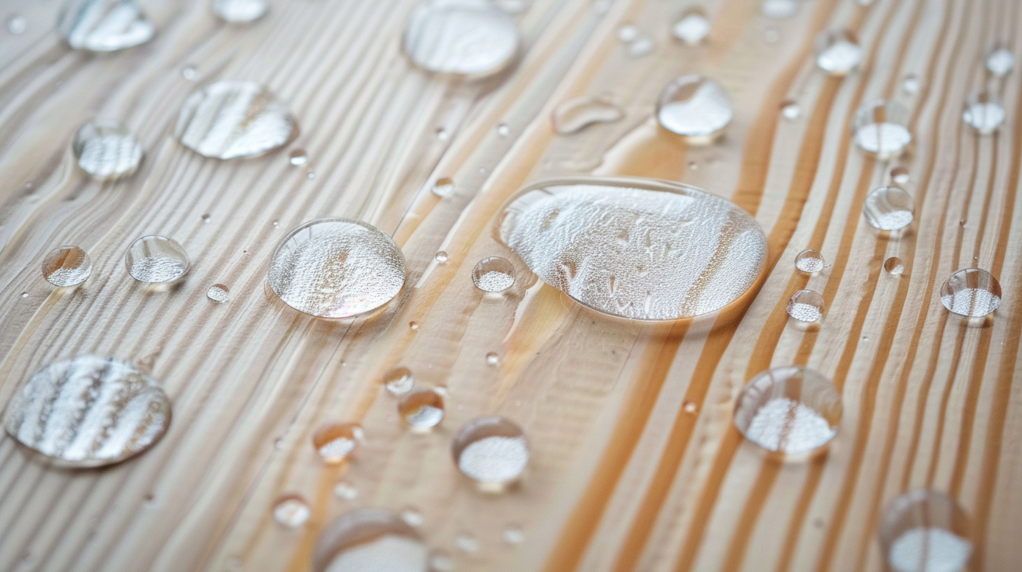Una lavagna bianca in legno con gocce d'acqua sulla superficie.
