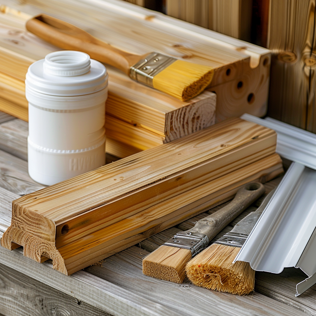 The image shows wooden boards treated with a protective agent, with a distinct texture and rich colour. Nearby are the tools for wood care: a brush for applying the coating, a container of protective oil and materials for insulation. Gutters are placed around to demonstrate the drainage system