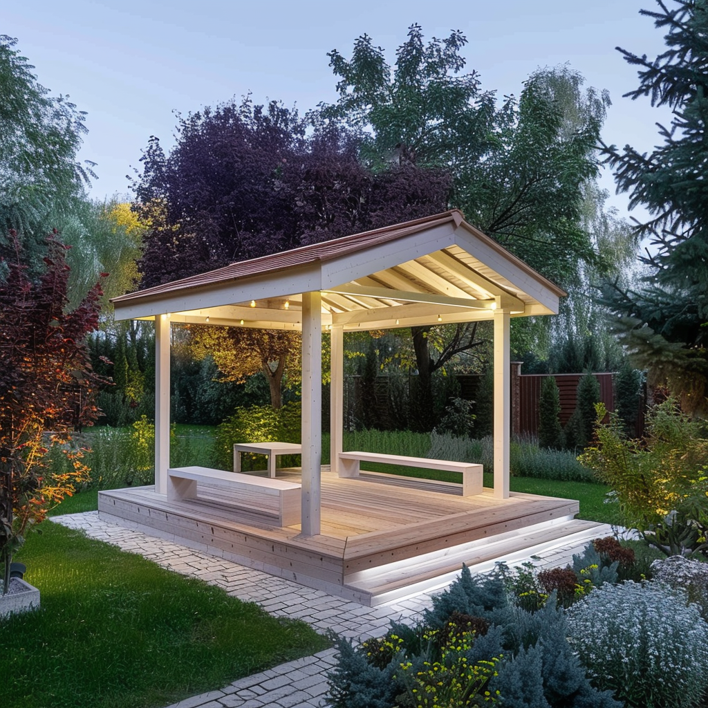 The photo shows a garden area with an ideal place for a wooden gazebo. The flat area with soft lighting emphasises harmony with nature. Trees are visible in the background, providing natural shade on hot days, and various green spaces add to the cosiness. A new white small gazebo made of link, located in the centre of the seating area, is harmoniously integrated into the landscape, creating an ideal corner for relaxation and enjoyment of nature.