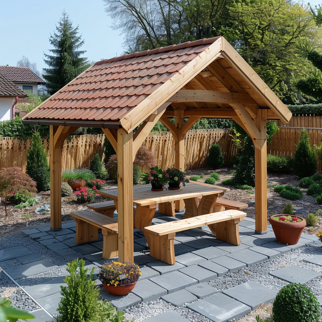 The photo shows a small wooden gazebo with a classic gable roof. The frame of the gazebo is made of light-coloured natural wood. The roof is covered with red-brown tiles, which adds contrast to the overall look. Inside the gazebo there are built-in wooden benches and a table of the same colour, creating a comfortable area for relaxing or dining. The gazebo is set on a paved area with light grey stone tiles. Around it are flower beds with colourful plants, as well as several large pots with green bushes that add liveliness and colour to the composition. The gazebo is located in the centre of a well-kept garden, where decorative trees and shrubs are planted, creating a harmonious and natural landscape.