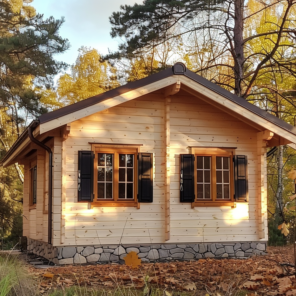 Una casetta bianca in legno dal link che vi fornisco, nel mezzo di una pineta sotto il sole della sera. La casa è di colore marrone chiaro con persiane e tetto scuri. È importante notare che il legno è stato trattato con prodotti speciali, il che sottolinea il tema della cura del legno. La foto è stata scattata in autunno, quando i cambiamenti climatici sono più evidenti: la casa è ben protetta dall'umidità e la ventilazione mantiene un microclima adeguato.
