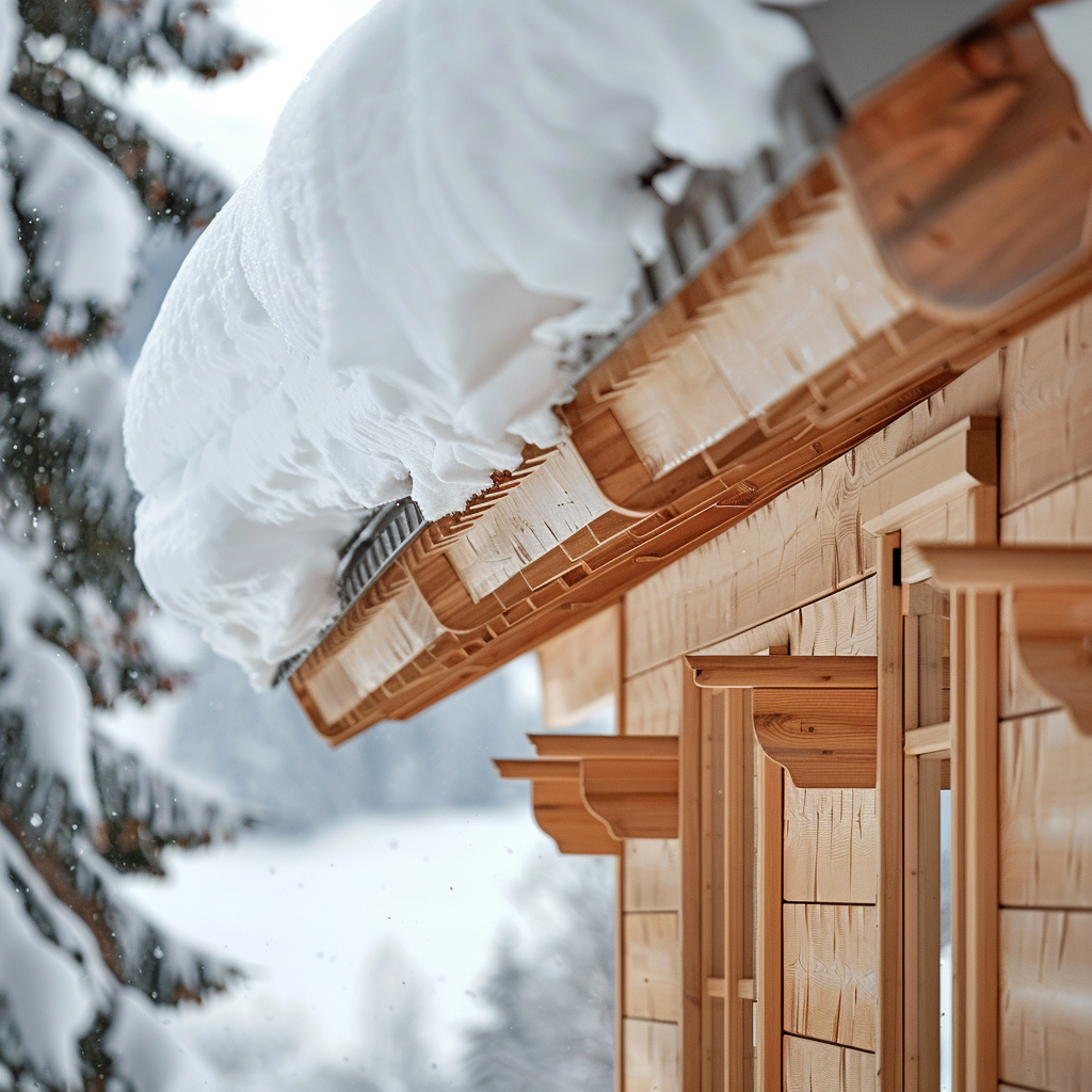 Una struttura in legno in inverno, completamente ricoperta di neve. I dettagli della facciata in legno sono visibili e mettono in risalto la texture del legno trattato con un agente protettivo. La neve si posa ordinatamente sul tetto e sulle sporgenze, sottolineando la robustezza della costruzione e la corretta inclinazione del tetto per evitare un eccessivo accumulo di neve. L'ambiente, con la sua neve bianca e cristallina e la luce invernale soffusa, crea un'atmosfera di tranquillità e dimostra l'importanza di una corretta cura del legno durante la stagione fredda.