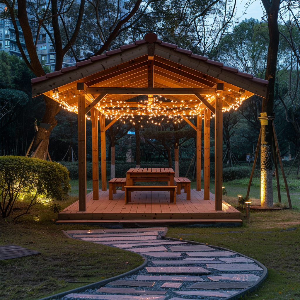 Il piccolo padiglione in legno è decorato con LED.