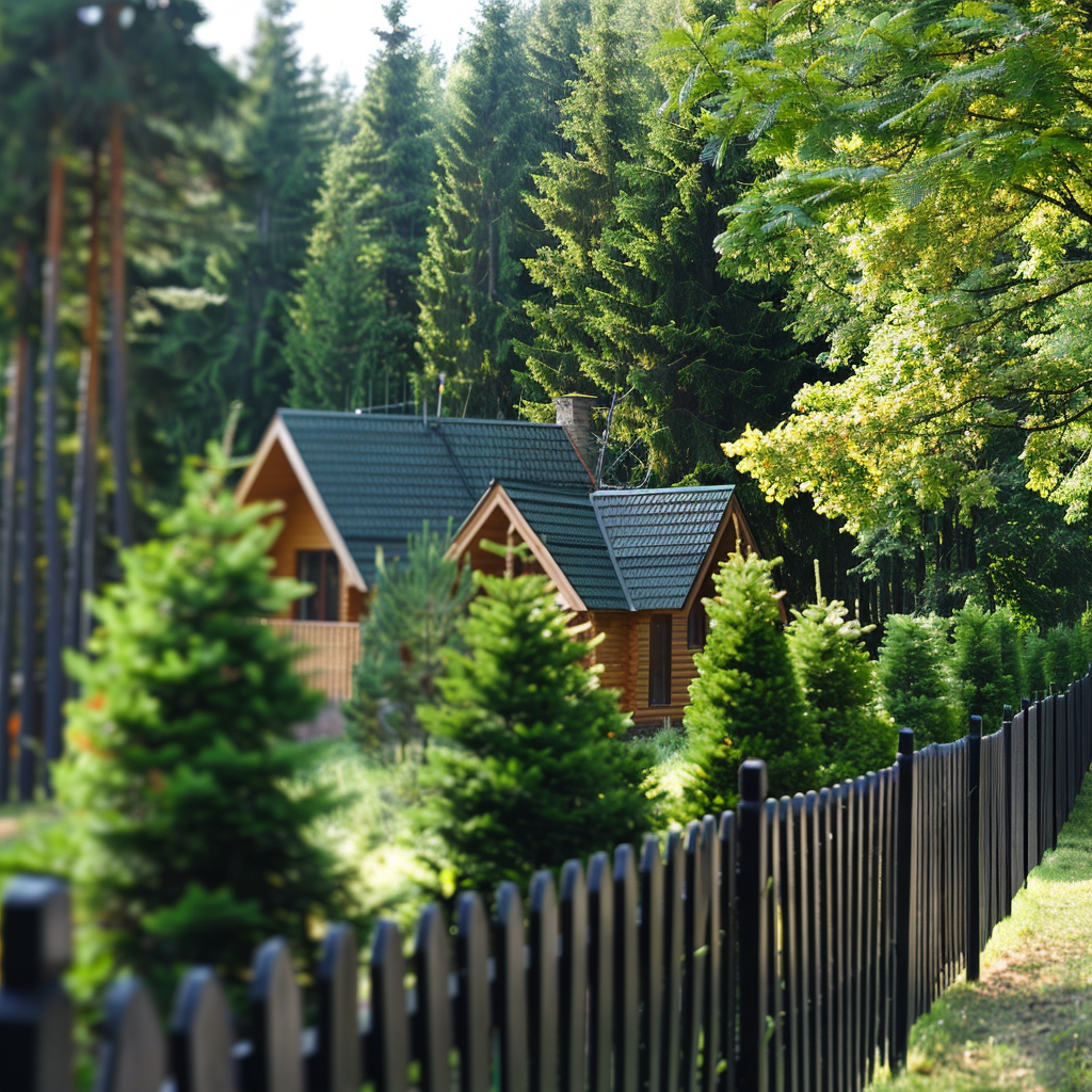Una piccola casa di legno. Attorno ad essa crescono alberi sempreverdi. Davanti alla recinzione crescono abeti.