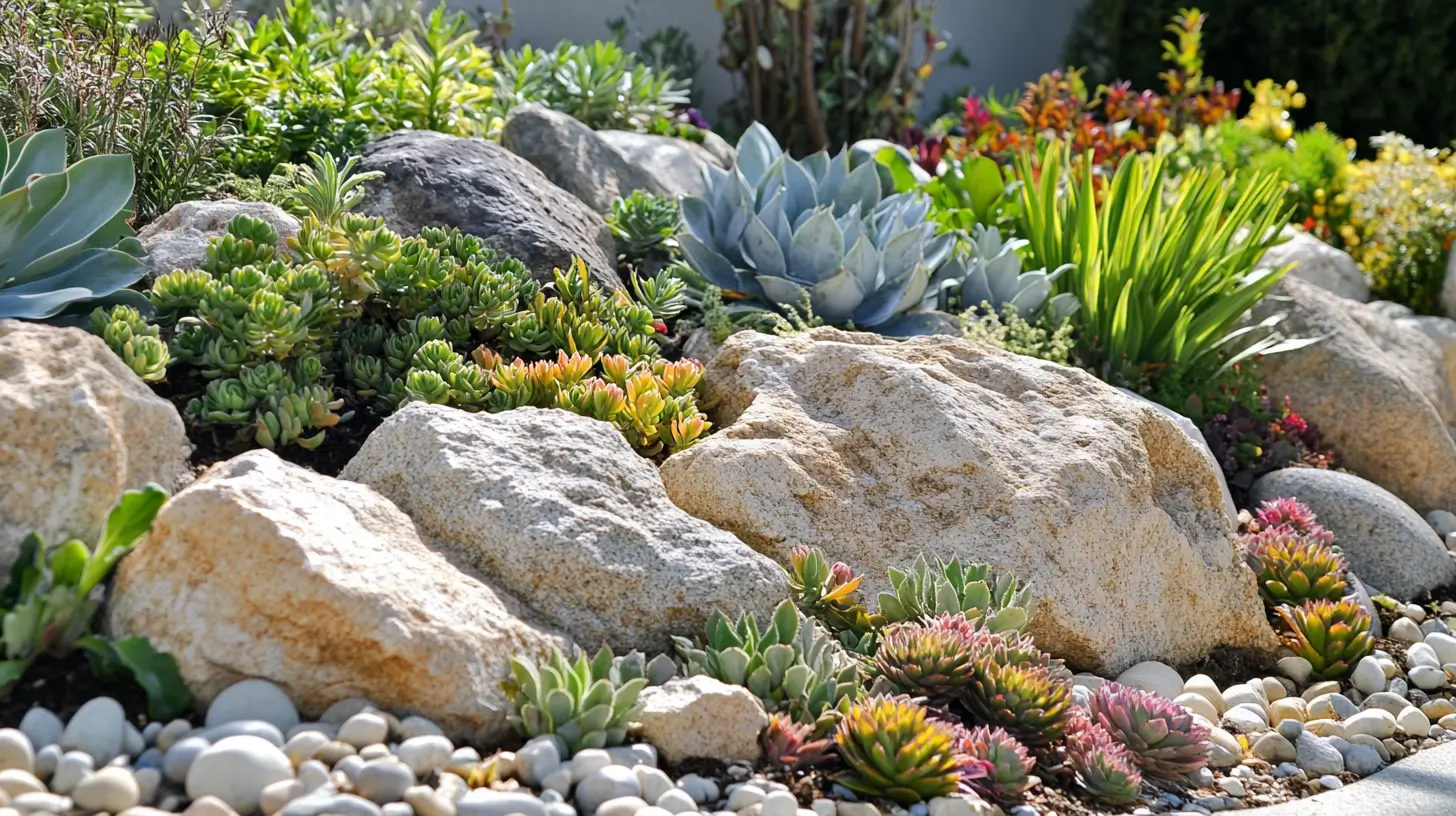 A beautifully designed rock garden showcasing a variety of stones and colorful succulents. The arrangement of large boulders and smaller pebbles creates an inviting landscape, enhancing the natural appeal while providing low-maintenance beauty. Lush greenery and vibrant plants add life and texture, exemplifying the harmonious blend of rocks and flora in this outdoor space.