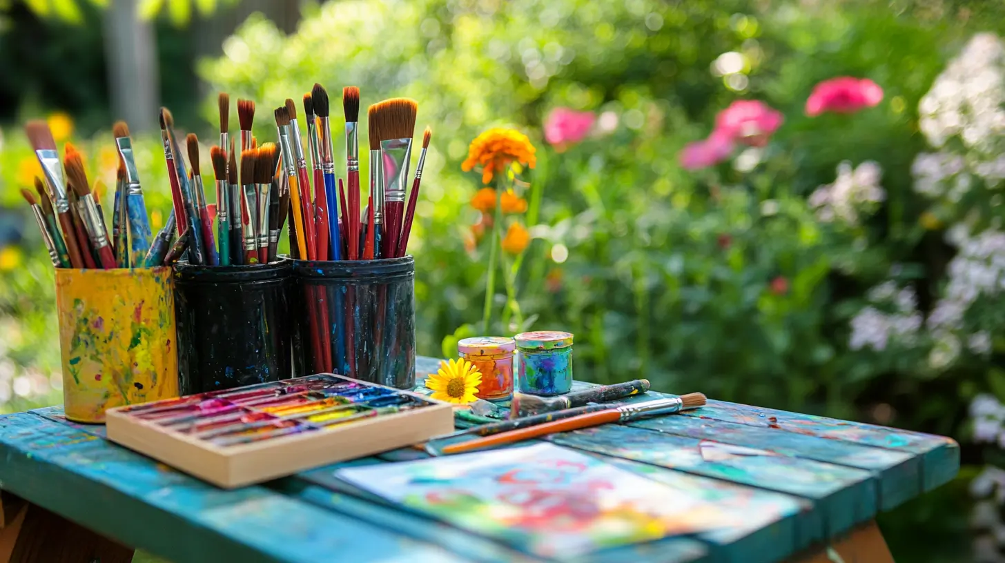 A colorful array of art supplies laid out on a natural surface, surrounded by greenery and vibrant flowers, inviting creativity and inspiration. The outdoor setting enhances the artistic experience, offering a tranquil atmosphere for self-expression and exploration.