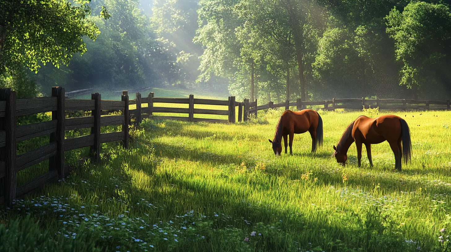 A couple of horses grazing peacefully in a lush green pasture. Their glossy coats glisten in the sunlight, showcasing their healthy and vibrant appearance. The wooden fence surrounding the area adds a rustic charm, creating a tranquil environment for these majestic animals to roam freely and enjoy the fresh air.