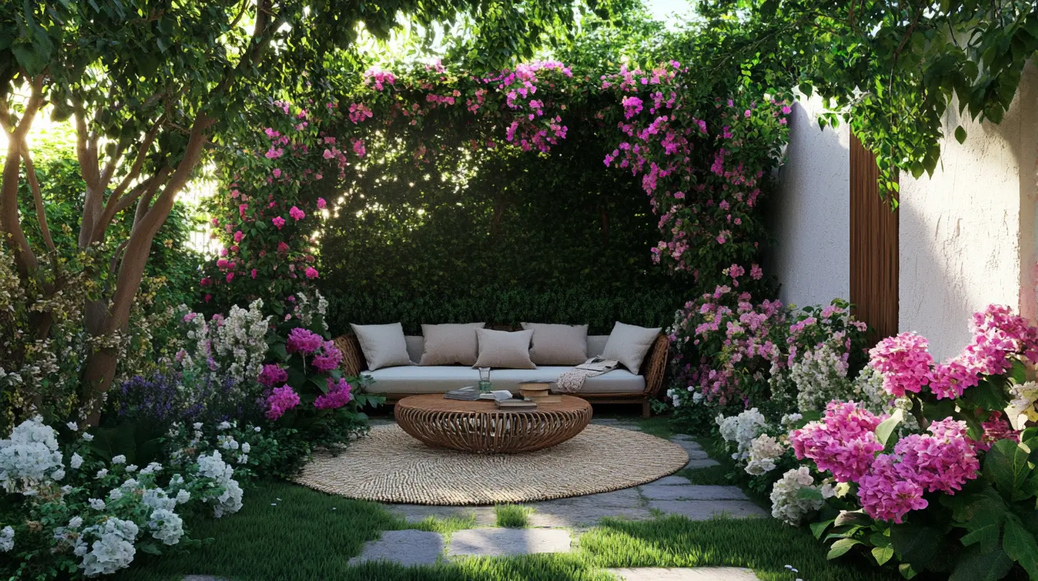 A cozy outdoor reading nook surrounded by vibrant flowers and lush greenery, featuring comfortable seating and soft cushions. This tranquil space invites you to relax with a good book, enjoying the soothing sounds of nature and the gentle breeze. Perfect for unwinding and immersing yourself in your favorite stories.