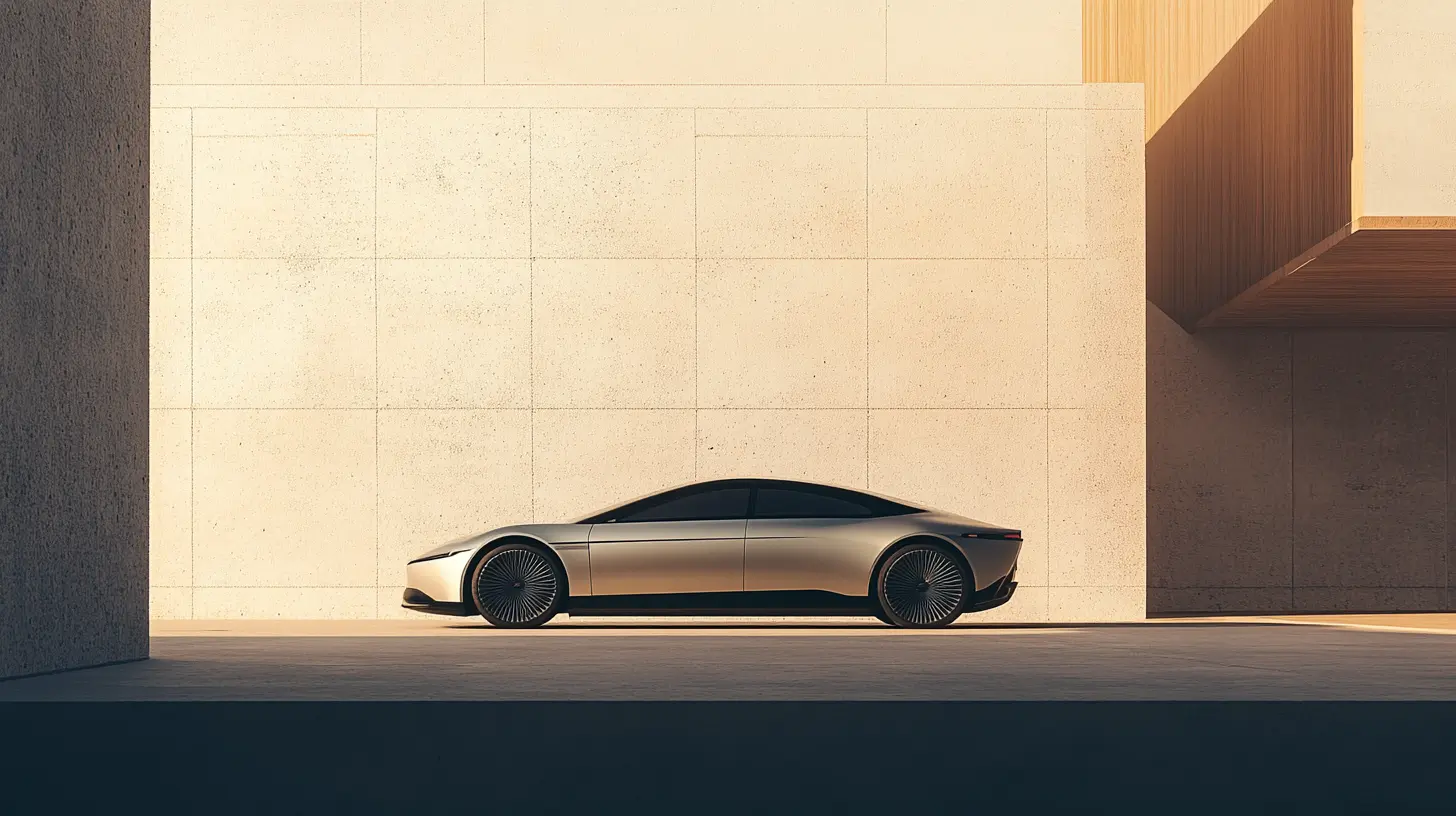 A sleek, modern car parked on a smooth concrete surface, surrounded by clean lines and a neutral color palette. The minimalist design highlights the vehicle's elegant curves while emphasizing the spaciousness of the environment, creating a serene and uncluttered atmosphere. Subtle wooden accents add warmth and a touch of nature, seamlessly blending functionality with aesthetic appeal.