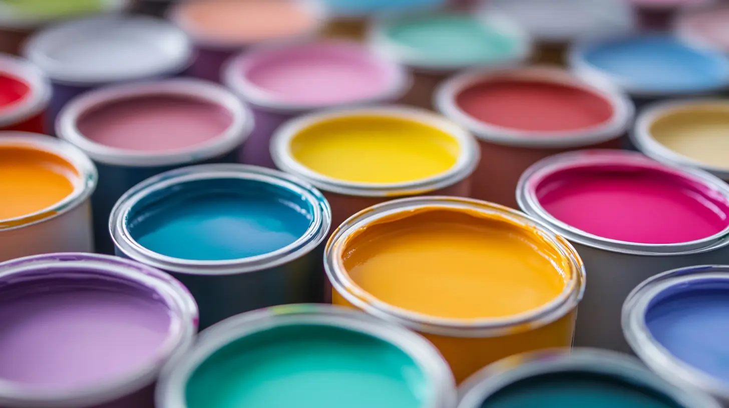 A vibrant display of paint cans and color swatches showcasing various decorative painting options for enhancing the aesthetic appeal of a wooden home. The array of colors highlights creative possibilities for transforming spaces, inviting homeowners to explore unique design ideas and personal touches.
