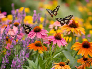 A vibrant garden filled with colorful flowers, including butterfly bush, lavender, and coneflower, creates an inviting habitat for butterflies. The lush blooms provide essential nectar, attracting various butterfly species as they flutter from flower to flower, enhancing the garden's beauty and supporting local biodiversity.