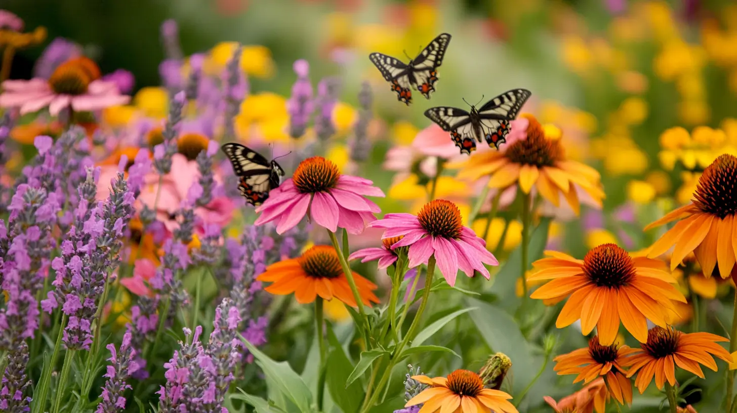 A vibrant garden filled with colorful flowers, including butterfly bush, lavender, and coneflower, creates an inviting habitat for butterflies. The lush blooms provide essential nectar, attracting various butterfly species as they flutter from flower to flower, enhancing the garden's beauty and supporting local biodiversity.