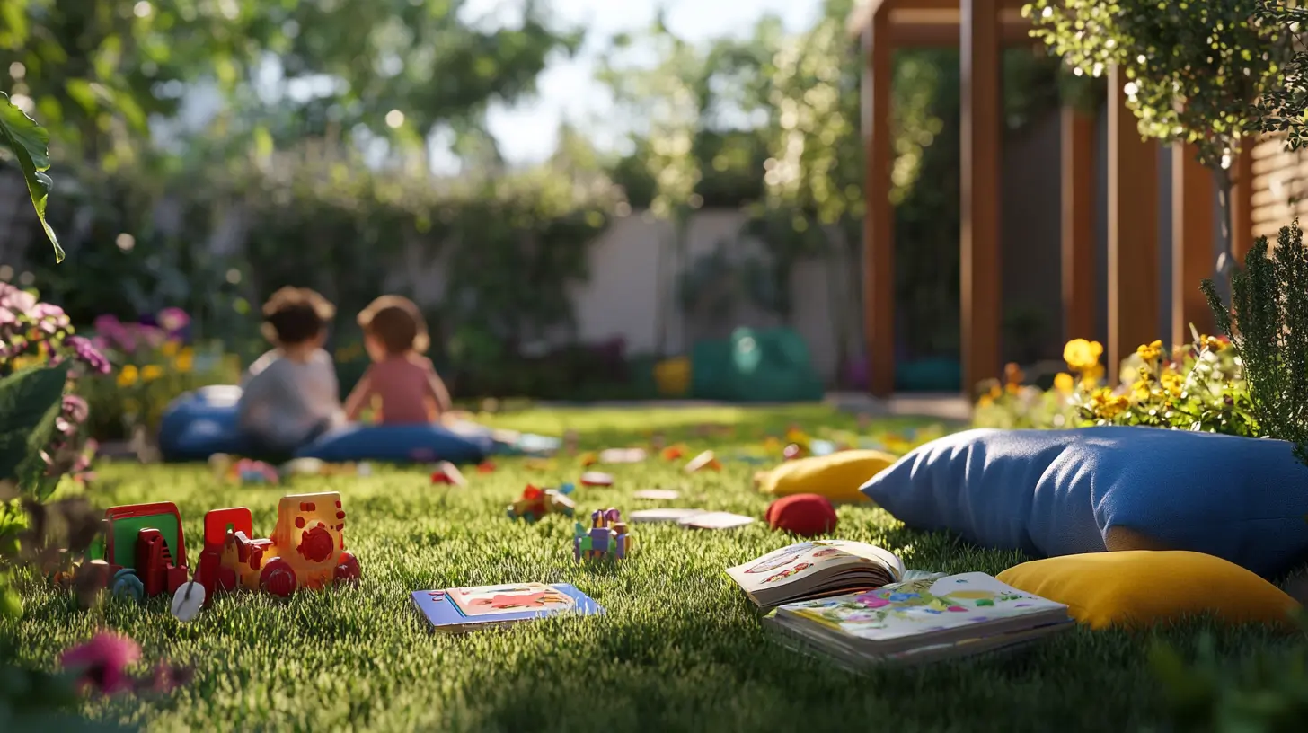 In the foreground, a vibrant play area have same colorful soft toys and books scattered across the grass. In the background, two children can be seen joyfully engaging in imaginative playing in the sun-drenched garden.