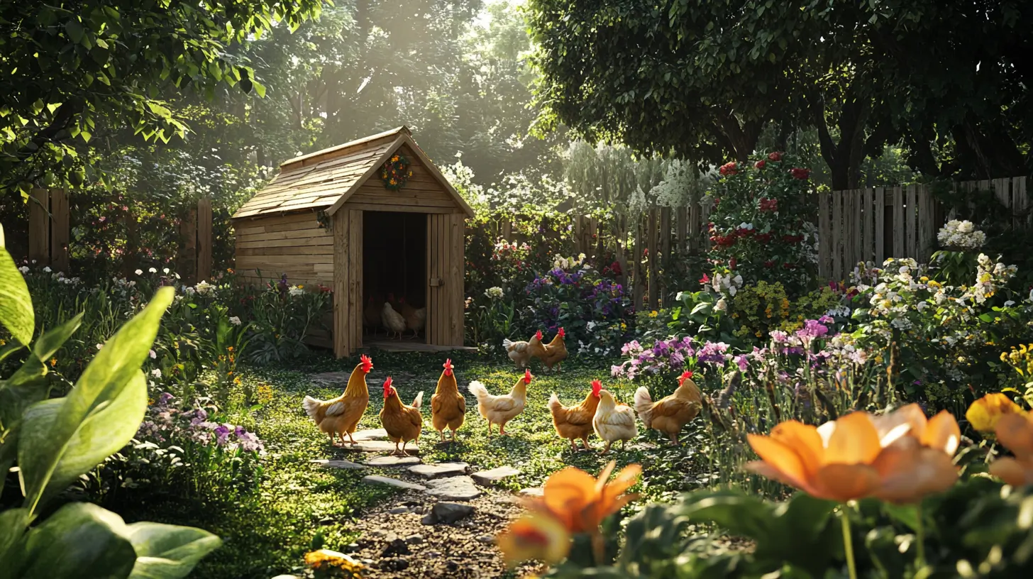 A cozy wooden coop nestled in a vibrant garden, surrounded by lush greenery and colorful flowers. In the foreground, a group of happy chickens pecks at the ground, foraging for insects and seeds, showcasing their natural behavior. The scene captures the essence of backyard chicken keeping, highlighting the harmonious relationship between the birds and their environment.