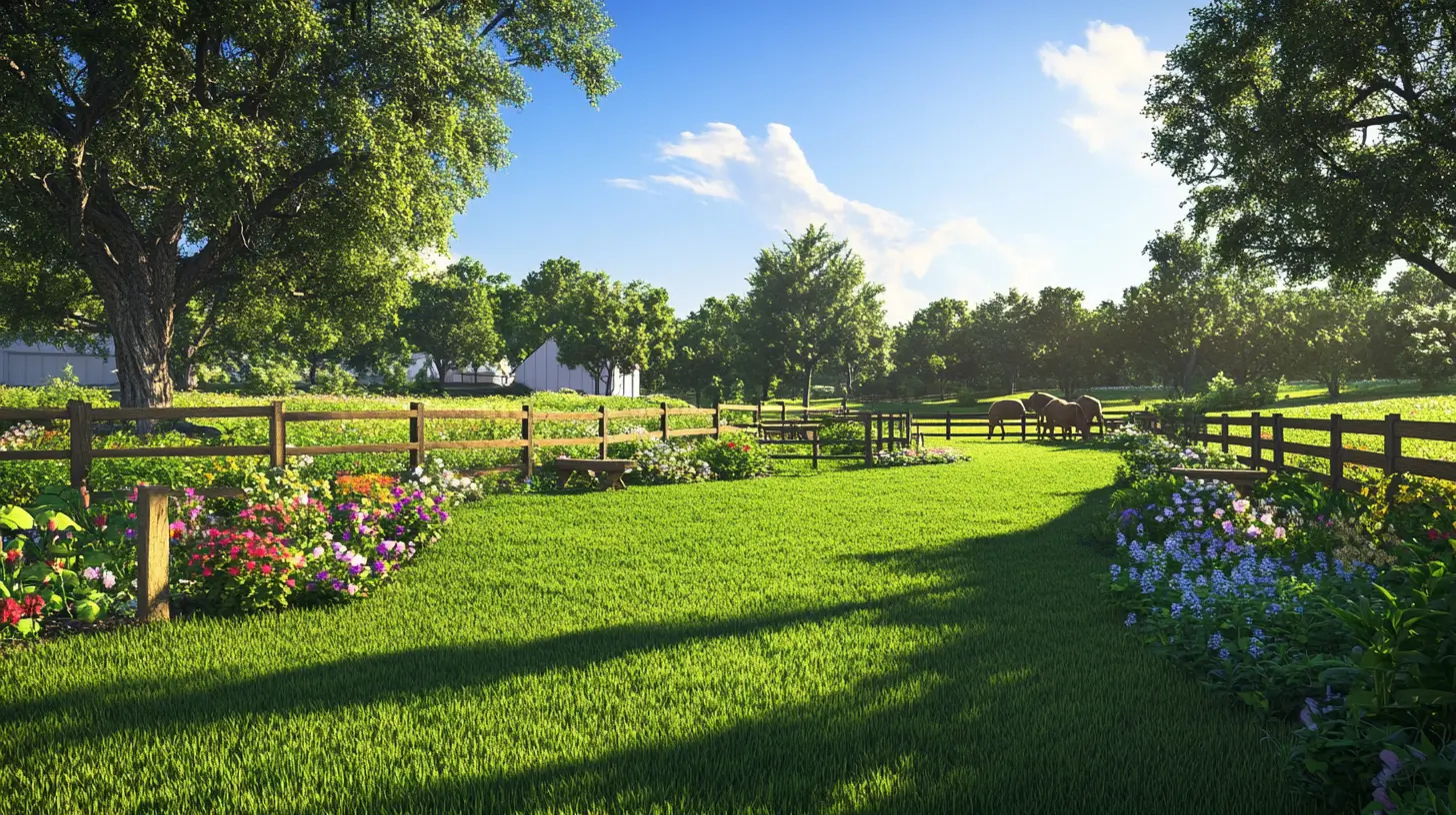 a well-maintained homestead, featuring lush green grass and vibrant flower beds. A sturdy fence outlines the property, while a vegetable garden thrives nearby. Horses graze peacefully in the distance, and a cozy seating area with benches invites relaxation. The open space embodies the beauty and tranquility of rural life, creating a perfect setting for both work and leisure.