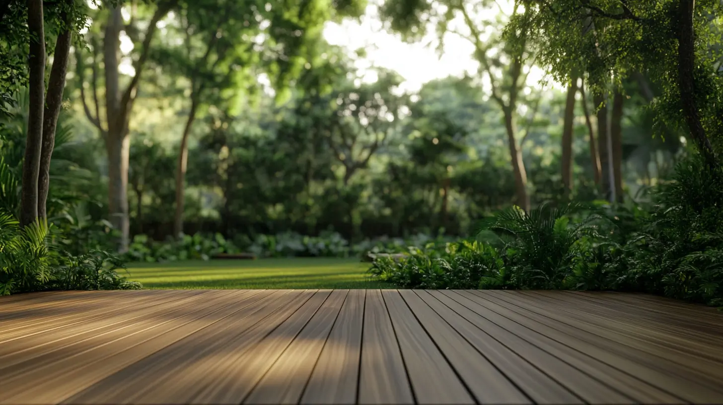 Una scena naturale tranquilla con alberi alti e una piattaforma in legno che si fonde con il verde lussureggiante, evidenziando l'armonia tra natura e legno.