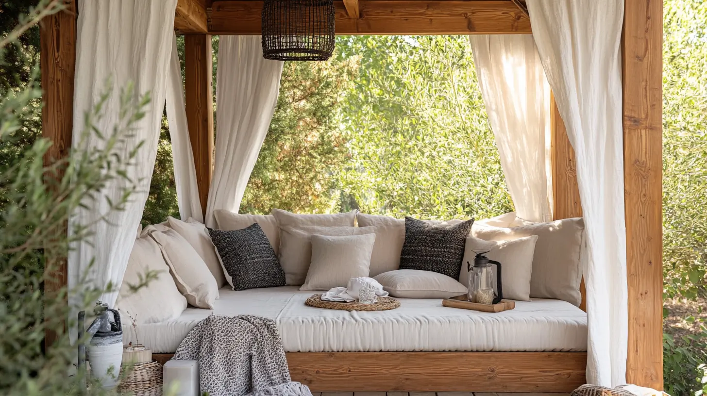 Tessuti morbidi e cuscini decorativi rendono il gazebo accogliente e invitante, integrandosi con il legno. Materiali naturali come lino, cotone o lana donano eleganza e comfort. Scegli cuscini di varie forme per un effetto visivo interessante e comodo, aggiungendo plaid leggeri per le serate fresche.
