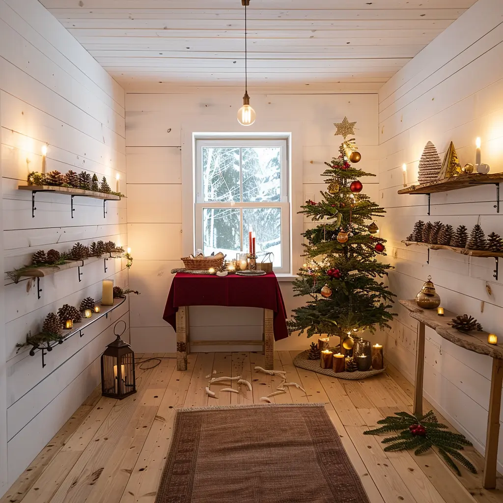 Una piccola stanza in legno bianco, decorata per Natale. Un albero con palline dorate e candele crea un'atmosfera calda, mentre pigne adornano le mensole.