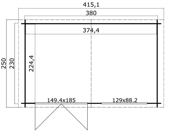 Casetta in legno 3,80x2,30 (4x2,5 - 28mm) con porta doppia e finestra