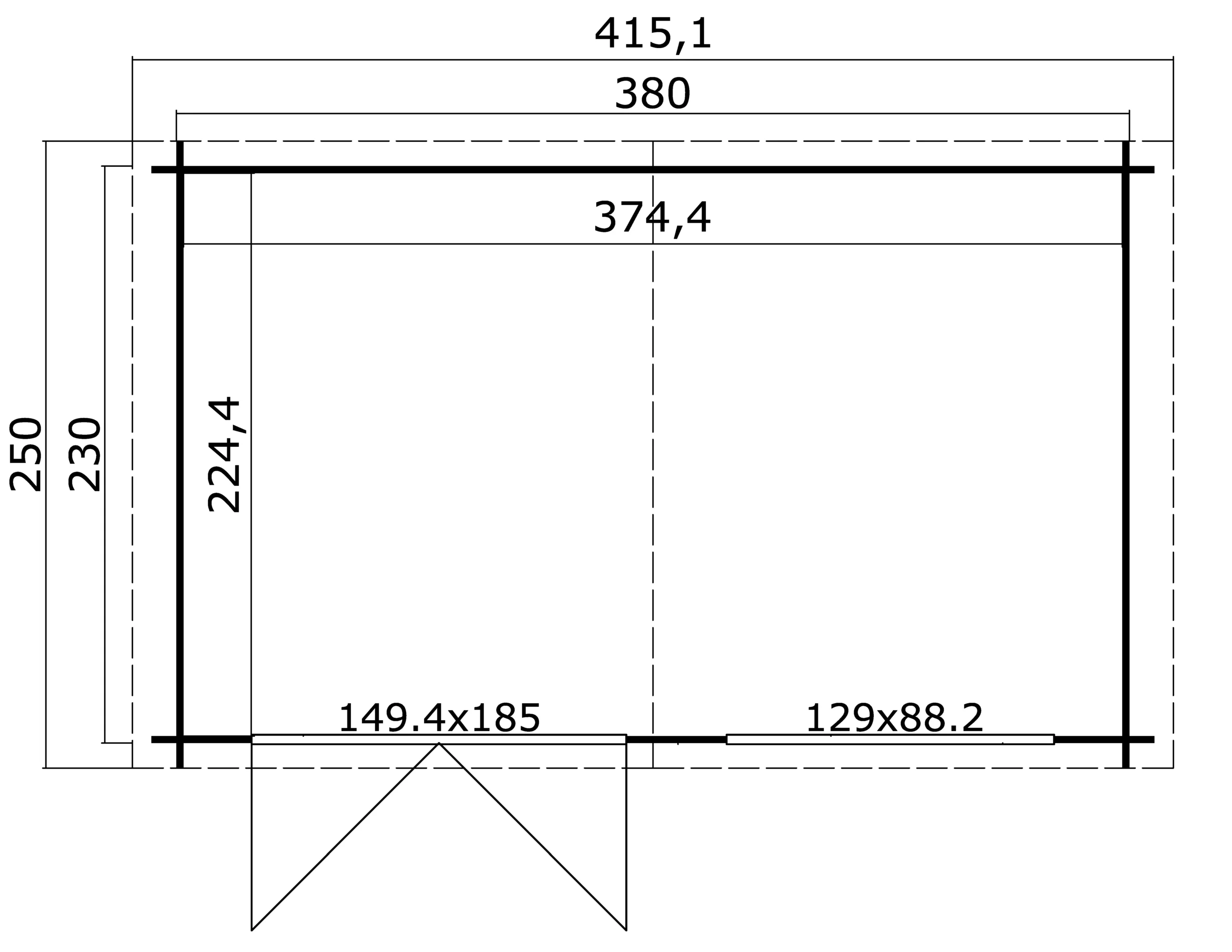 Casetta in legno 3,80x2,30 (4x2,5 - 28mm) con porta doppia e finestra