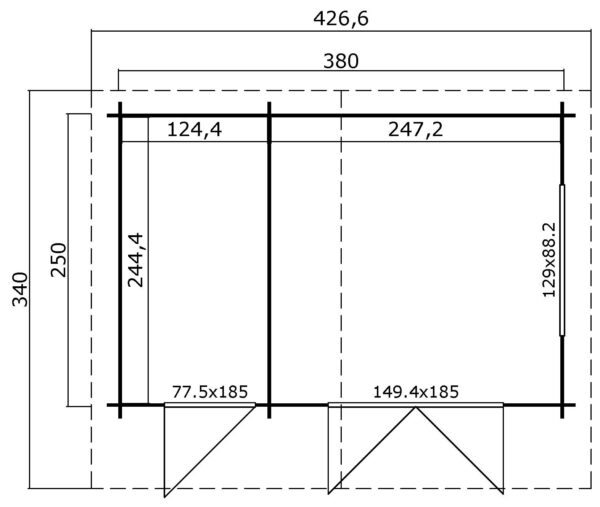 Casetta in legno 3,80x2,50 (4x2,5 - 28mm) a 2 vani