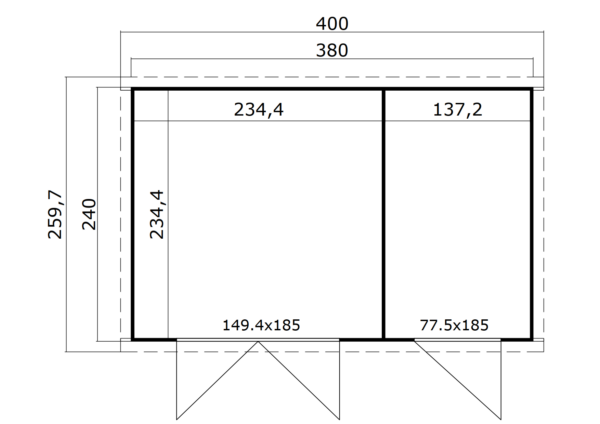 Casetta in legno 3,80x2,40 (4x2,5) (28mm)