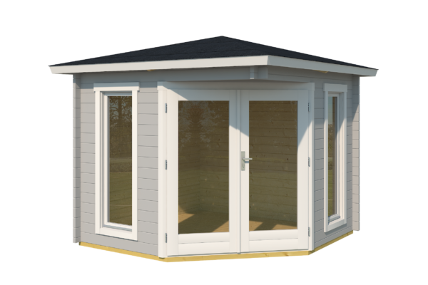 Casetta ad angolo 2,40x2,40 (40mm) con porta doppia + 2 finestre