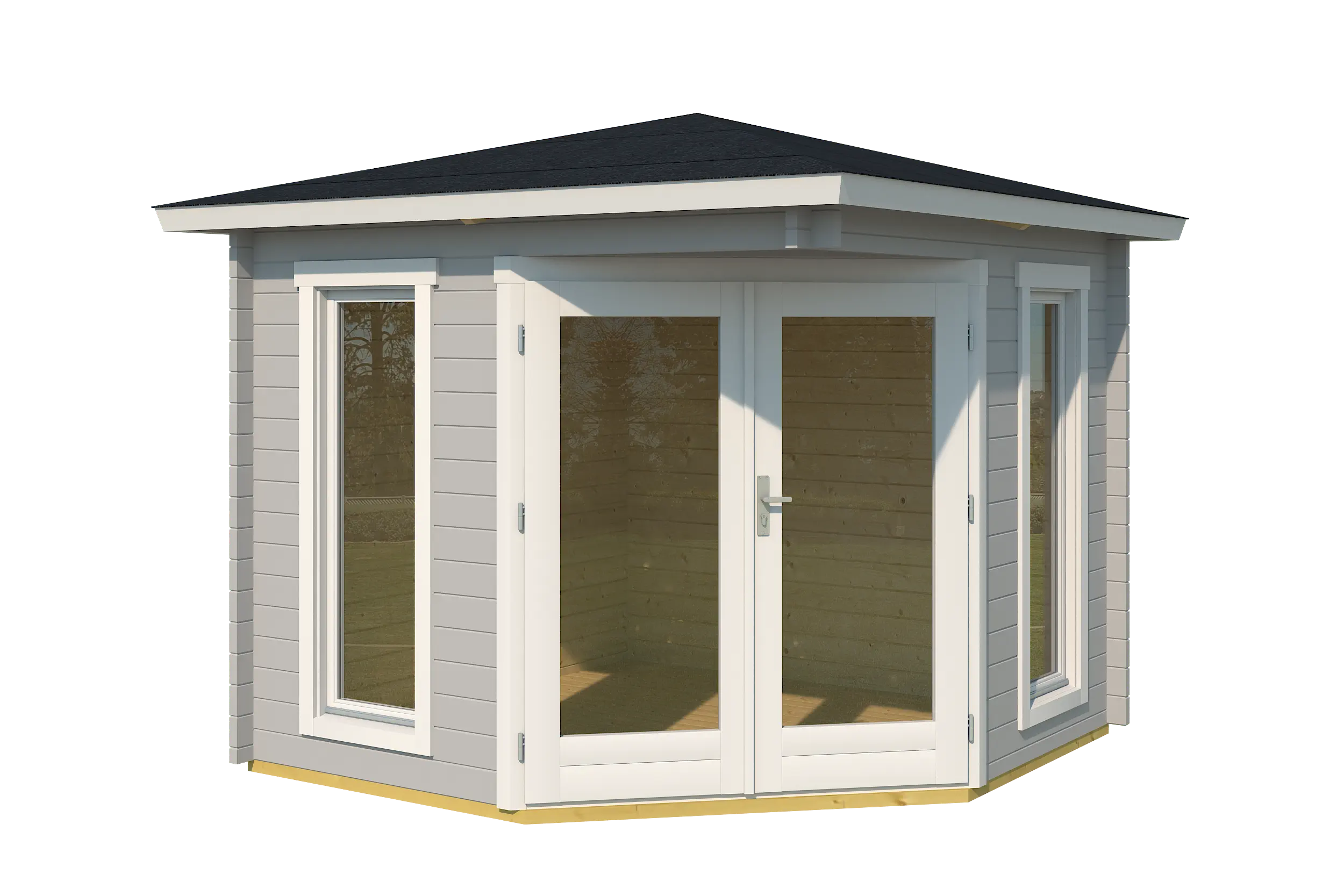 Casetta ad angolo 2,40x2,40 (40mm) con porta doppia + 2 finestre