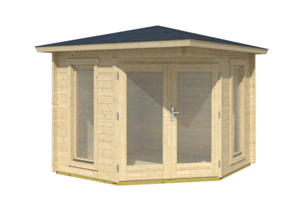 Casetta ad angolo 2,40x2,40 (40mm) con porta doppia + 2 finestre
