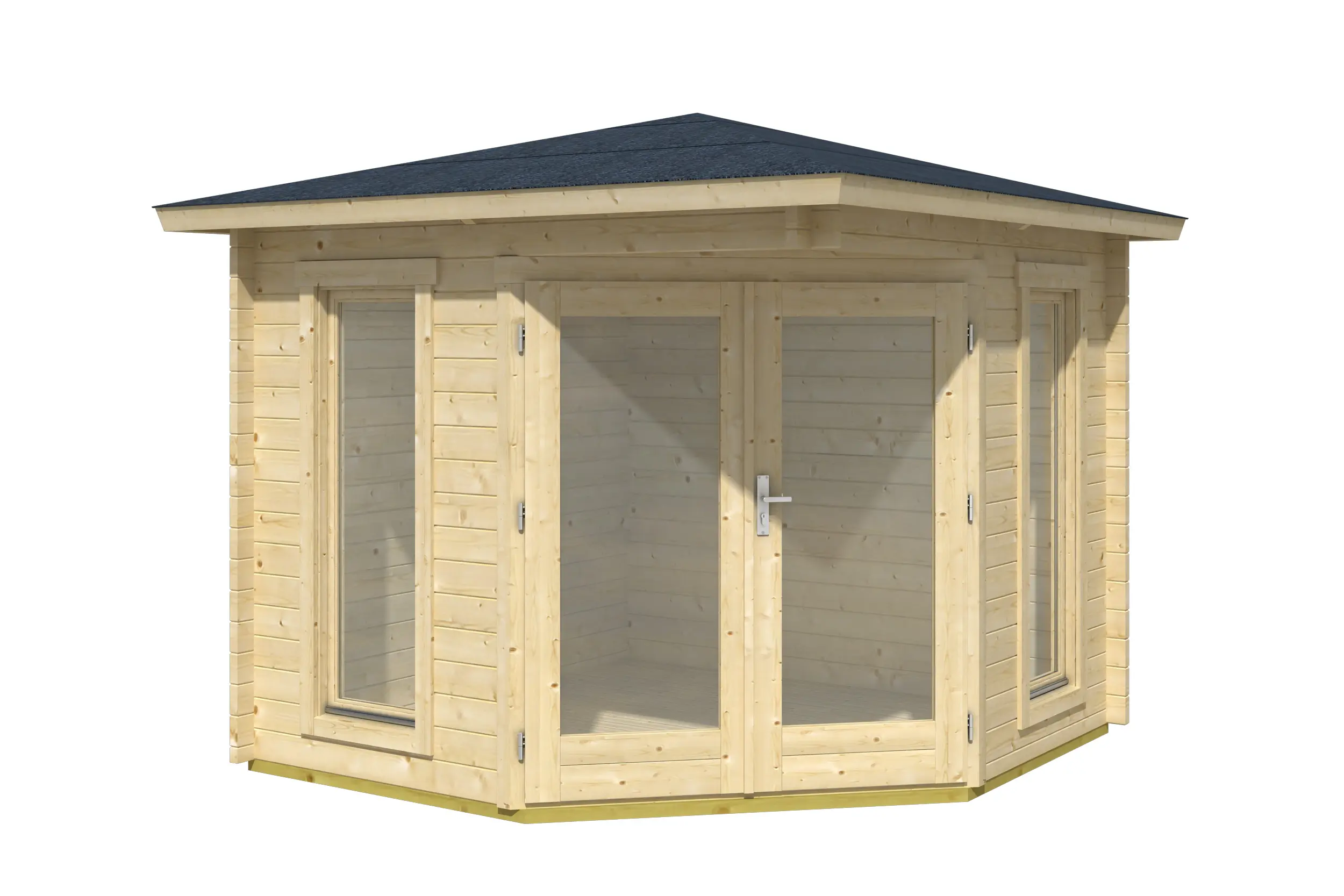 Casetta ad angolo 2,40x2,40 (40mm) con porta doppia + 2 finestre
